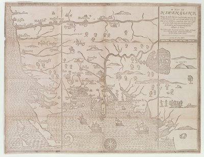 「ニューイングランドの地図、ここで初めてカットされた...」、1677年 作： John Foster